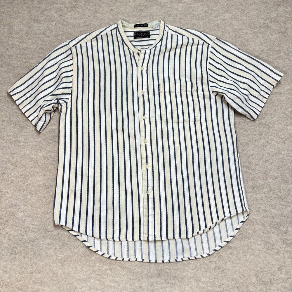 Vintage Bugle Boy Mens Band Collar Striped 100% Cotton Shirt Large Navy  EUC